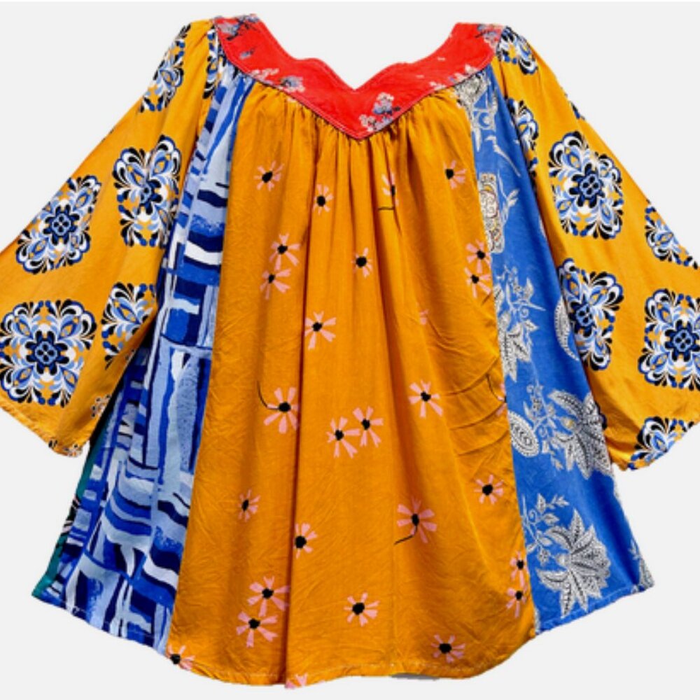Nwt SACRED THREADS patch funky boho rayon hippy ruffled TUNIC TOP XL